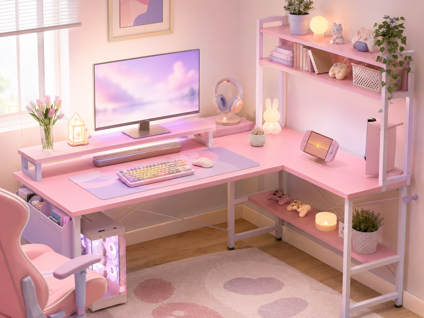 A cohesive pink pastel gaming desk setup in blush, lavender, and cream tones with a pastel keyboard, mouse, and soft lighting against a soft white wall