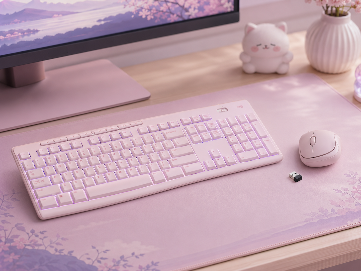 A pastel mechanical keyboard and matching pastel mouse in soft pink tones on a large pastel desk mat