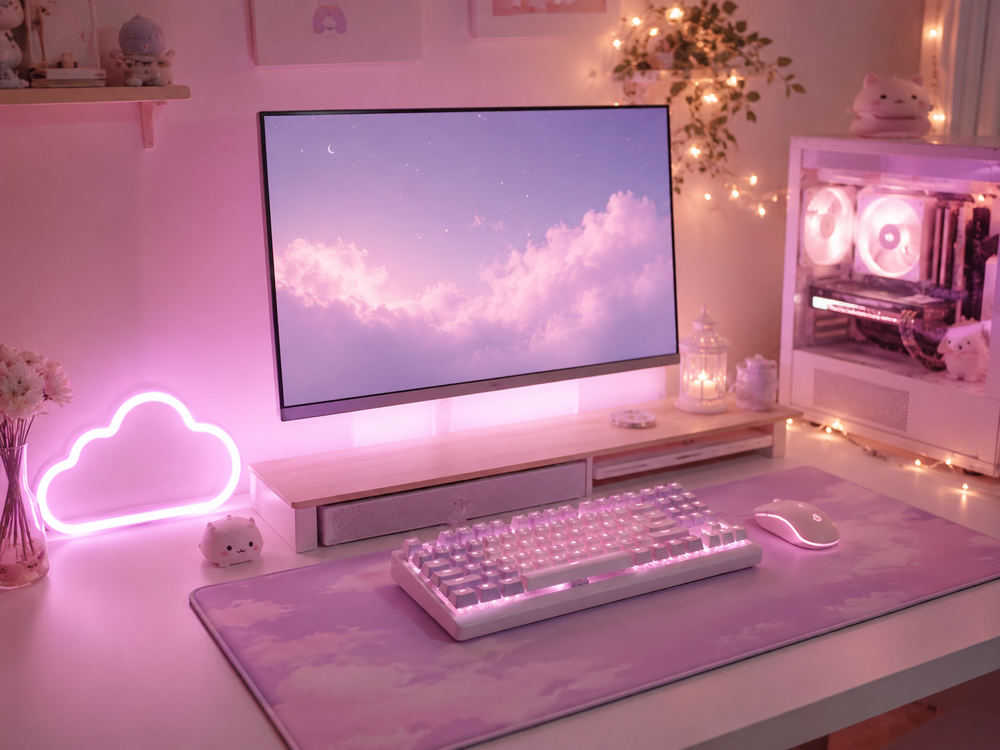 Soft pastel ambient lighting and a cute cloud light casting a gentle blush glow behind a pink gaming setup