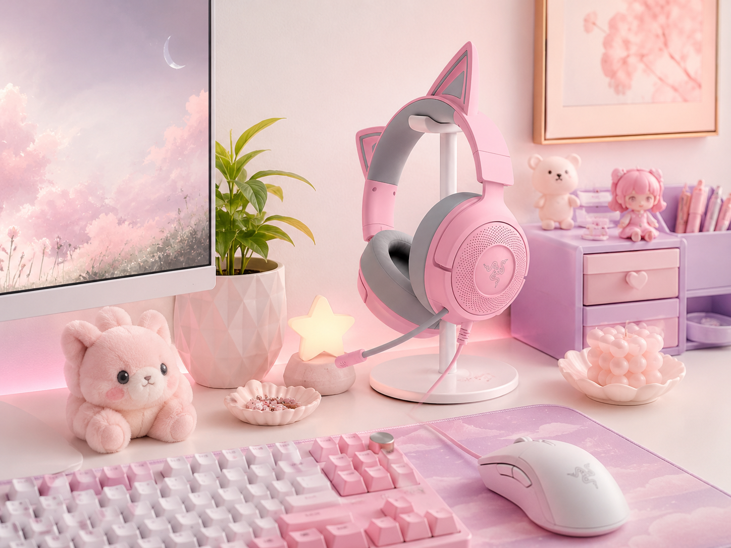 Cute pastel desk decor with a kitty-ear gaming headset, a small plush, and pastel trinkets styled tastefully on a gaming desk