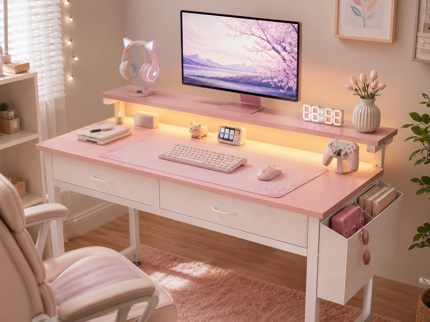 A pastel gaming desk as the centerpiece of a clean, balanced pink setup with coordinated soft-tone gear