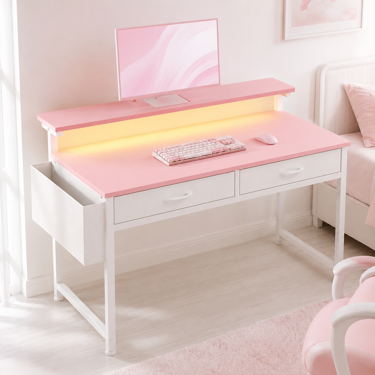 DurayLoly 31 inch small computer desk in pastel tones with LED lights and drawers