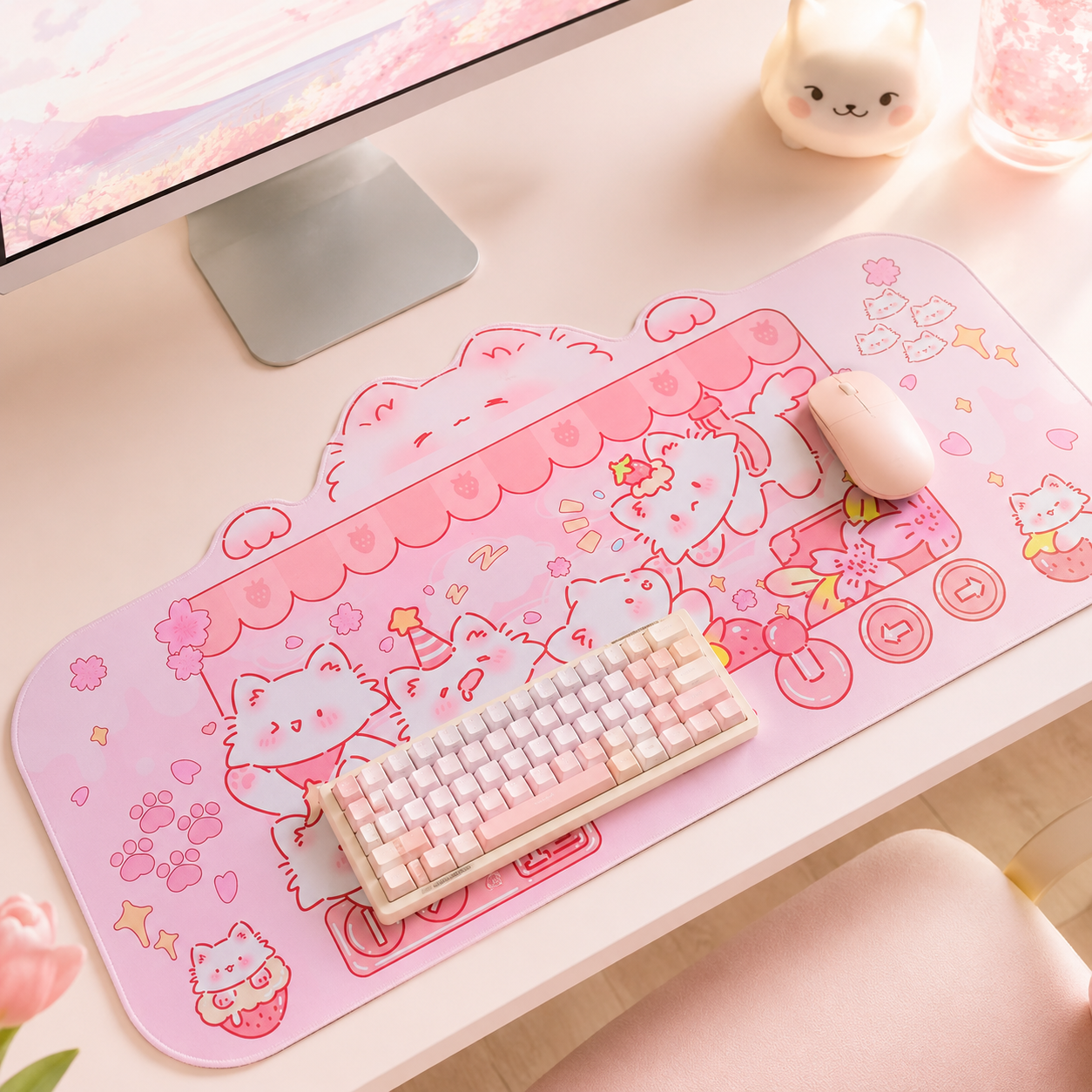 PERFECTSIGHT cute cat kawaii pastel desk pad and mousepad on a gaming desk