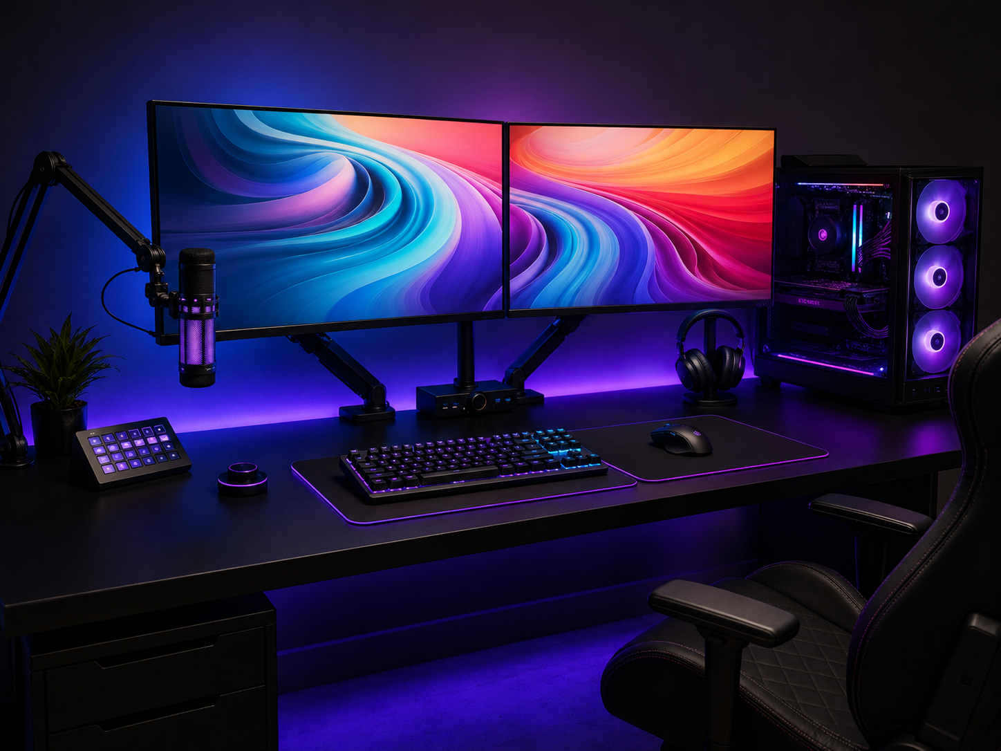 A multi-monitor RGB battlestation with dual screens on arms, premium peripherals, and a cohesive blue-purple RGB scheme in a dim room