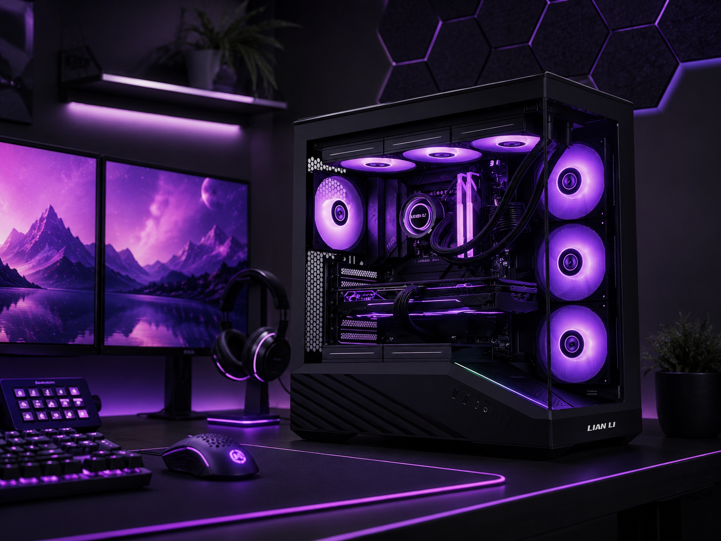 A premium gaming PC tower with a glass side panel showing cohesively-lit RGB internals as the centerpiece of a battlestation