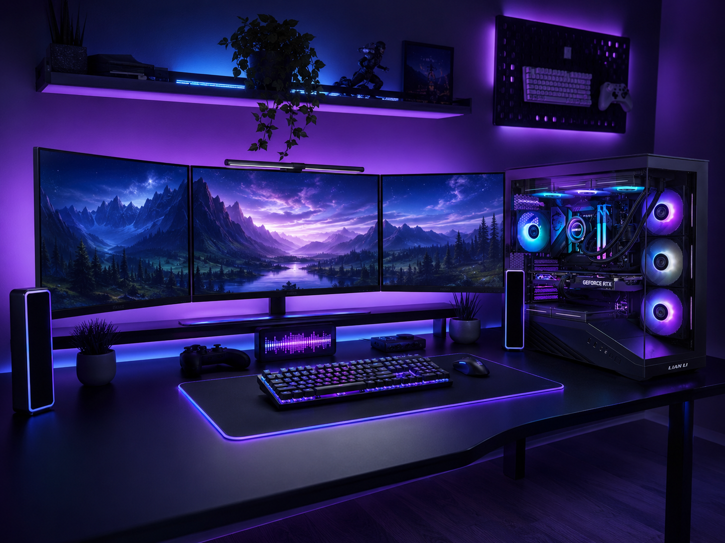 A battlestation with cohesive RGB integration tying the tower, peripherals, strip, and wall glow into one coordinated scheme