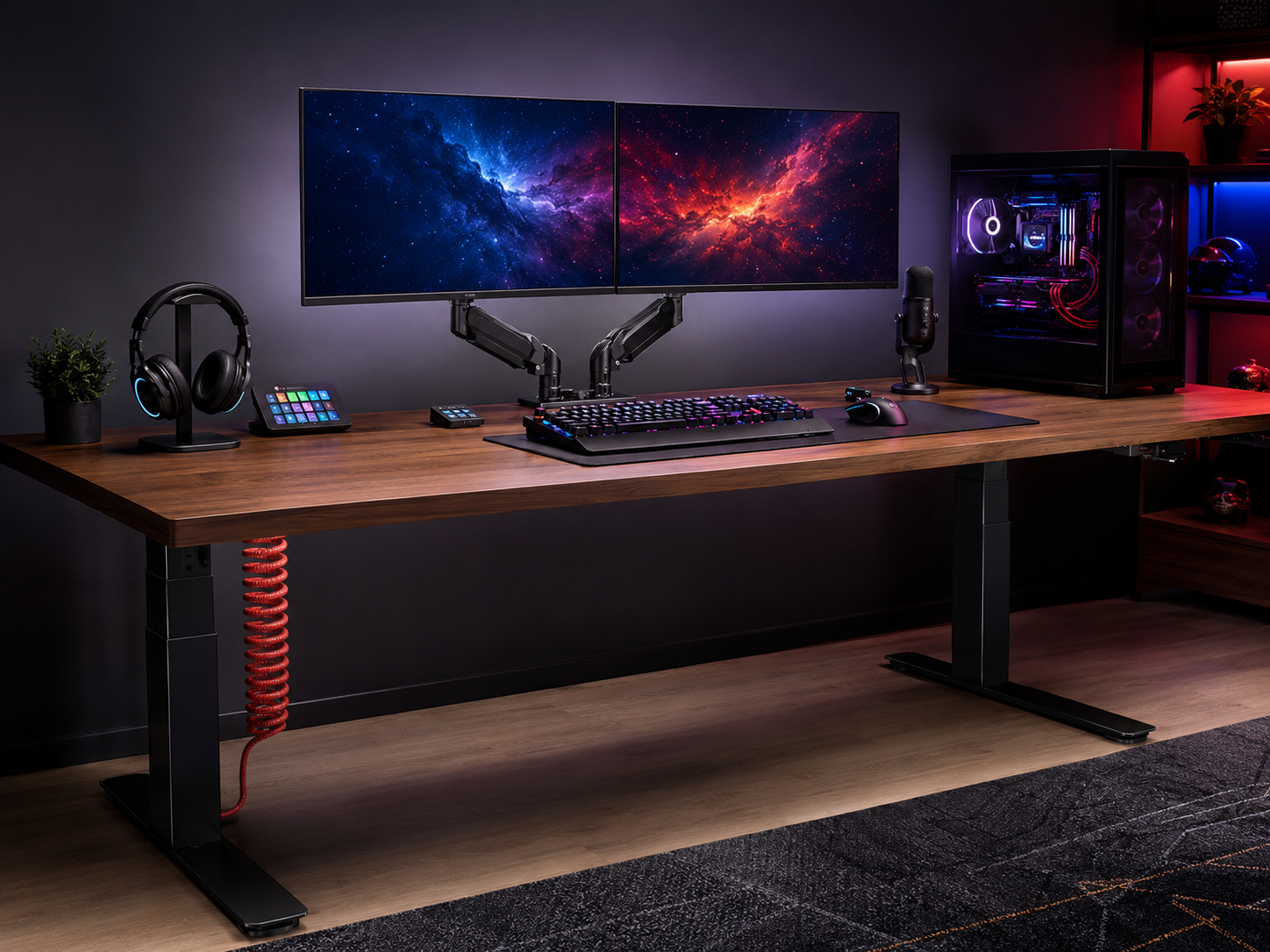A large battlestation desk with a dual-monitor arm floating the screens above a clear, spacious surface