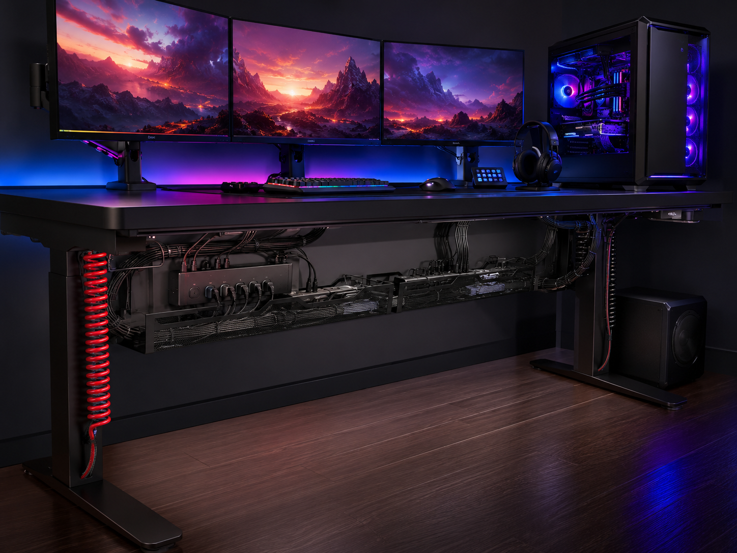 Clean cable management at scale on a multi-component battlestation with cables bundled and routed through an under-desk tray