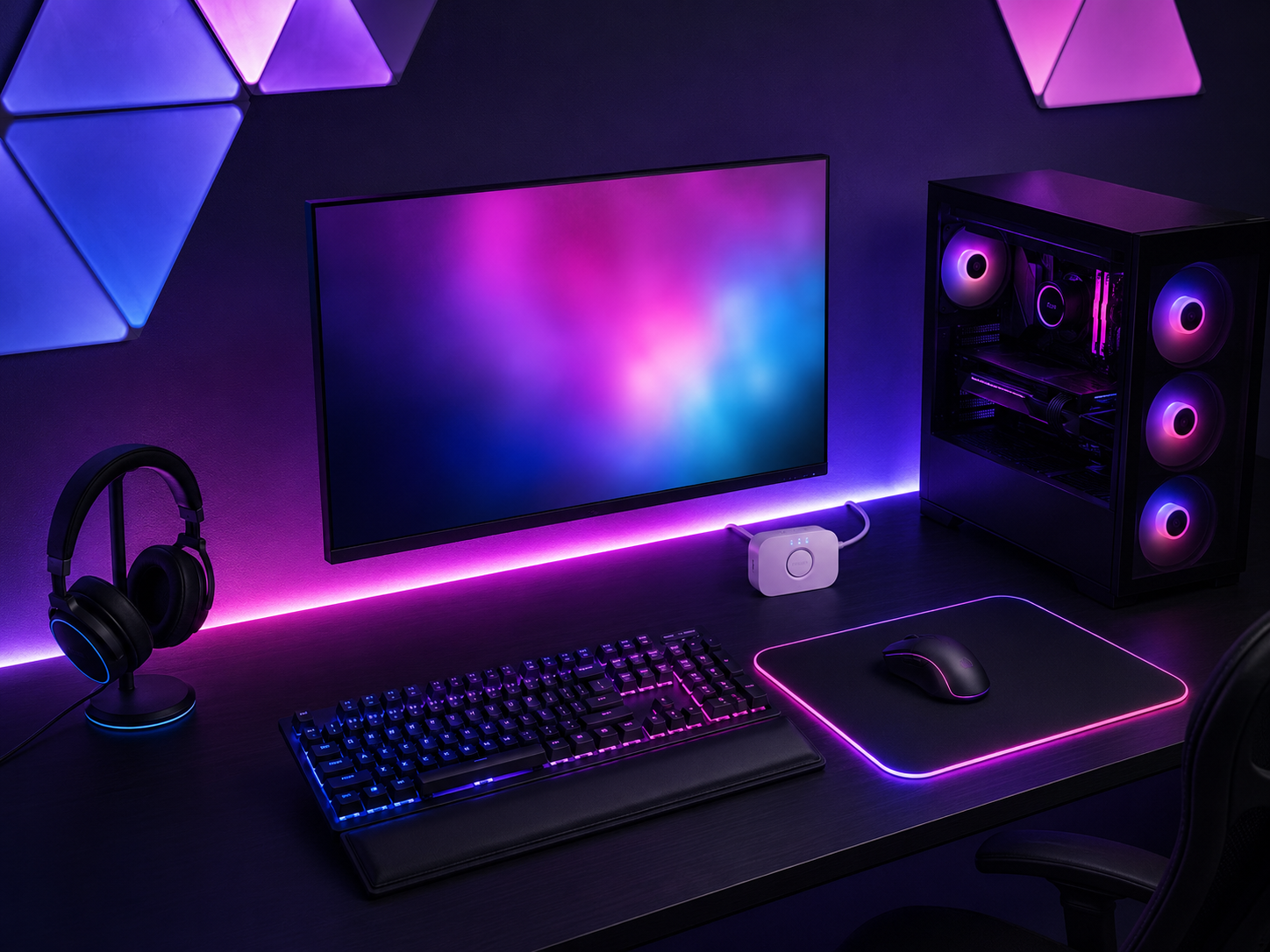 A fully synced RGB gaming desk where the strip, panels, keyboard, mouse, and ambient glow all share one coordinated blue-purple-magenta color scheme