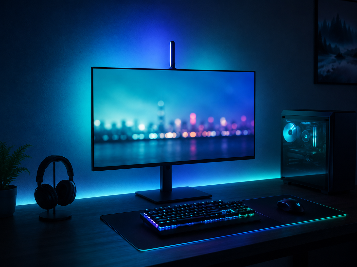An RGB gaming monitor with bias lighting and an ambient backlight glow washing the dark wall behind the screen