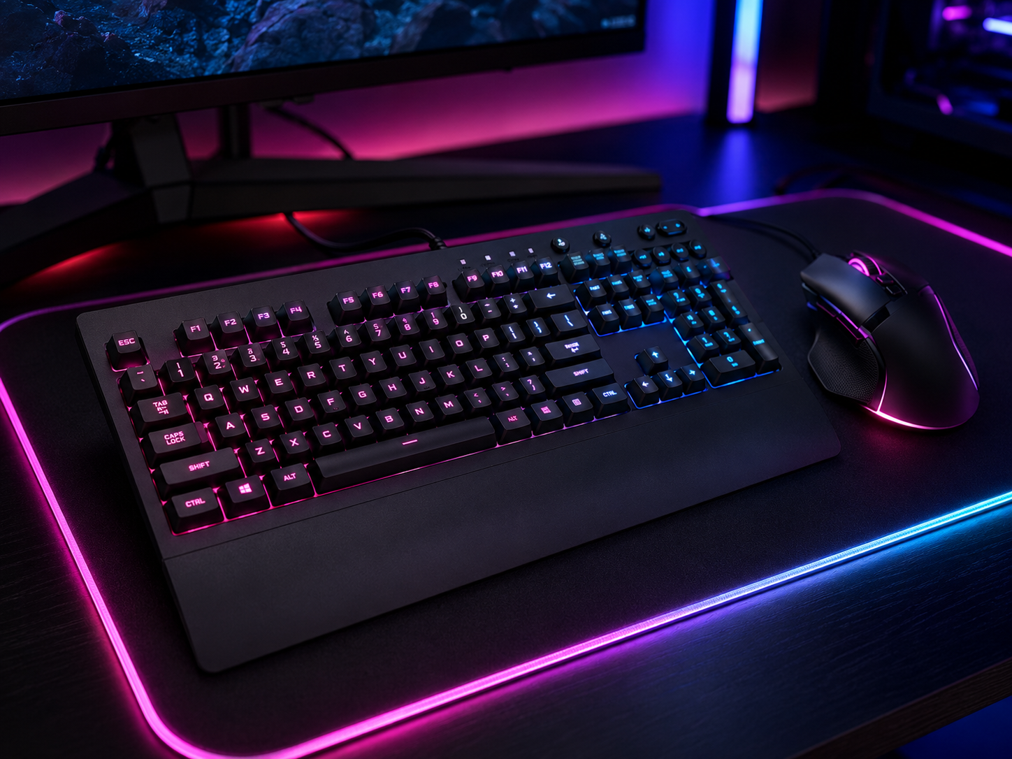 An RGB mechanical keyboard and gaming mouse glowing in a coordinated scheme on an RGB-edge mousepad