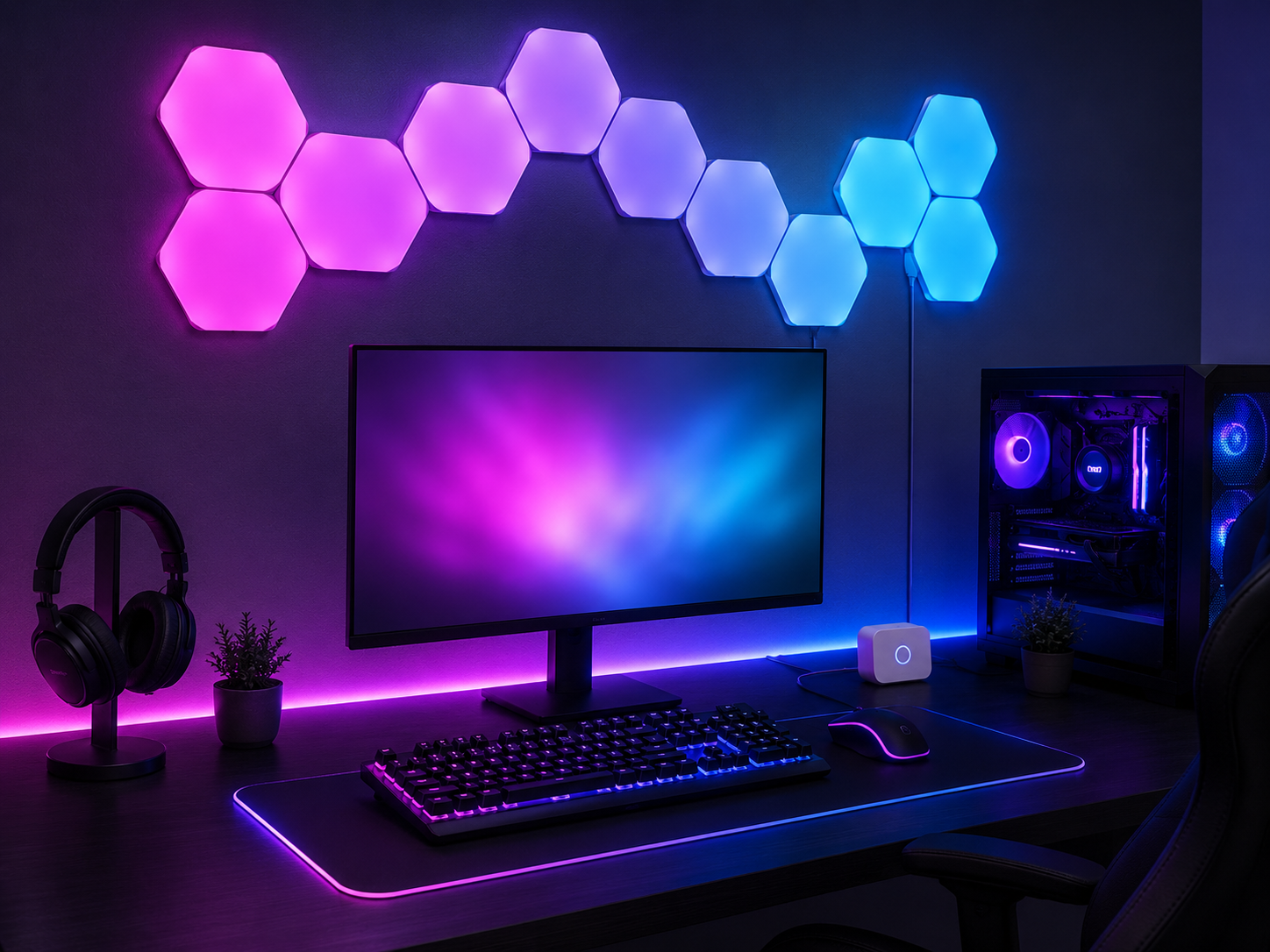 Modular hexagon RGB wall panels mounted above a gaming desk glowing in a coordinated gradient and casting color onto the desk