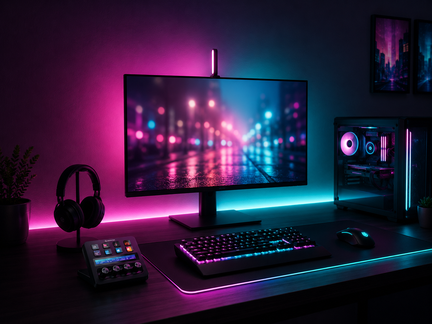An RGB gaming desk demonstrating a deliberate complementary two-color scheme designed and saved through a smart controller