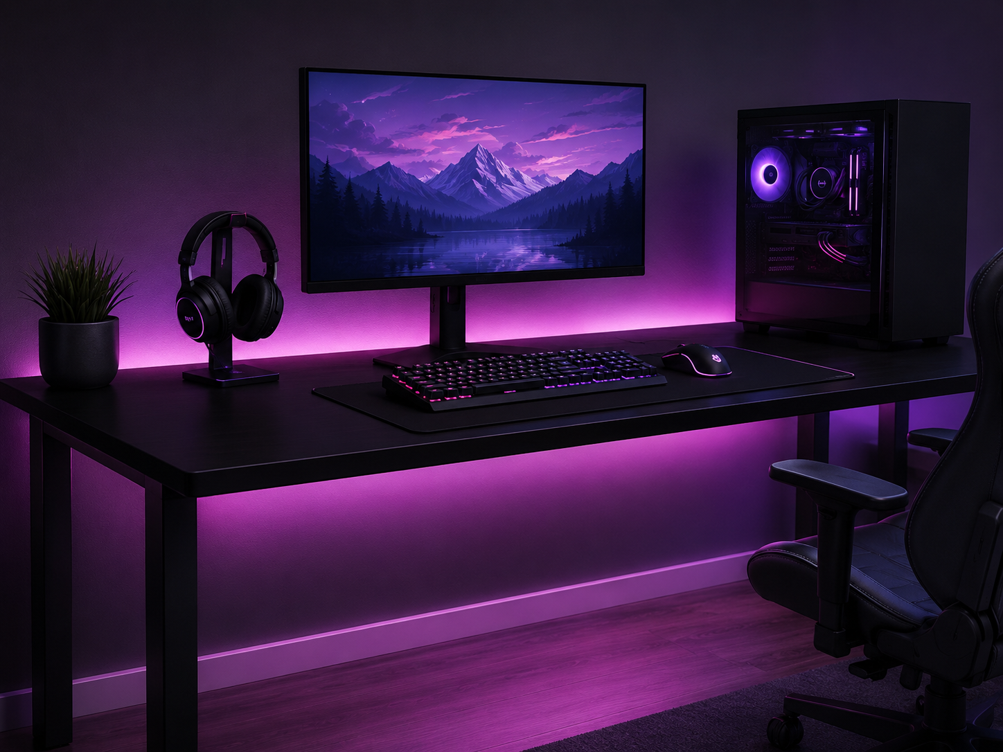 An RGB gaming desk with hidden, diffused light strips creating a smooth even glow with no visible LED hot spots