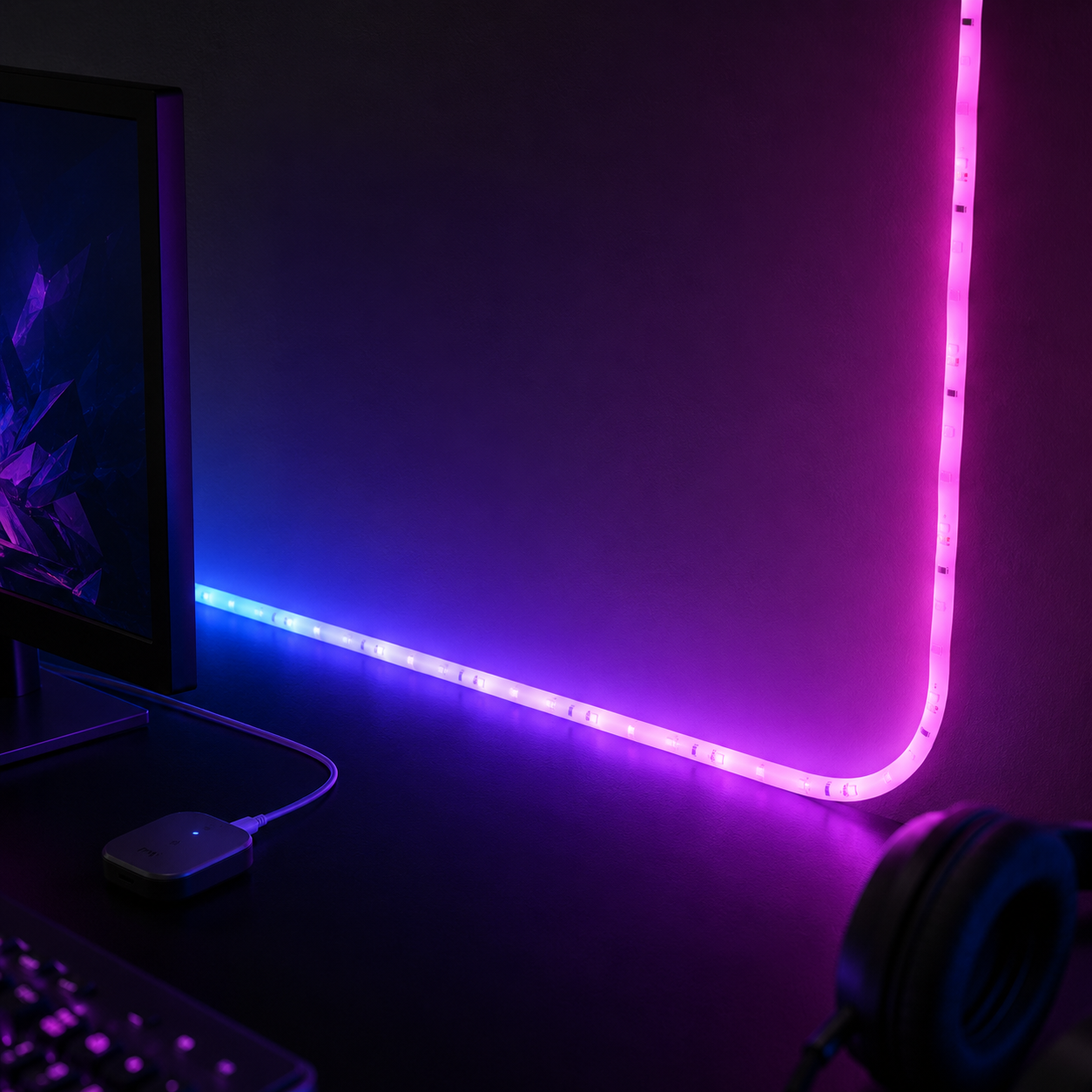Philips Hue indoor 10 ft smart RGBWW LED lightstrip glowing in a coordinated gradient behind a gaming desk