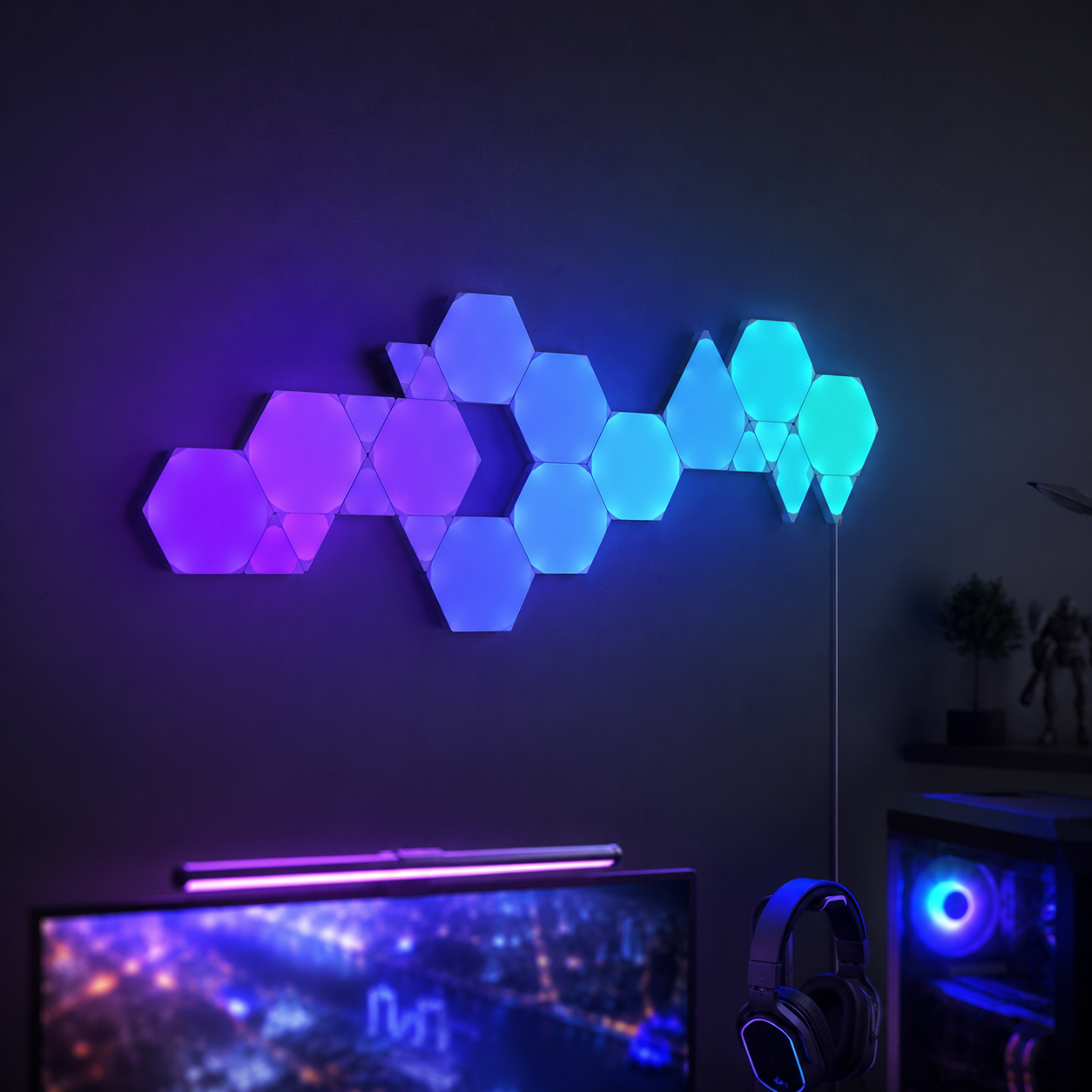 Nanoleaf Shapes Hexagons 7-panel smarter kit mounted on a wall glowing in a coordinated gradient