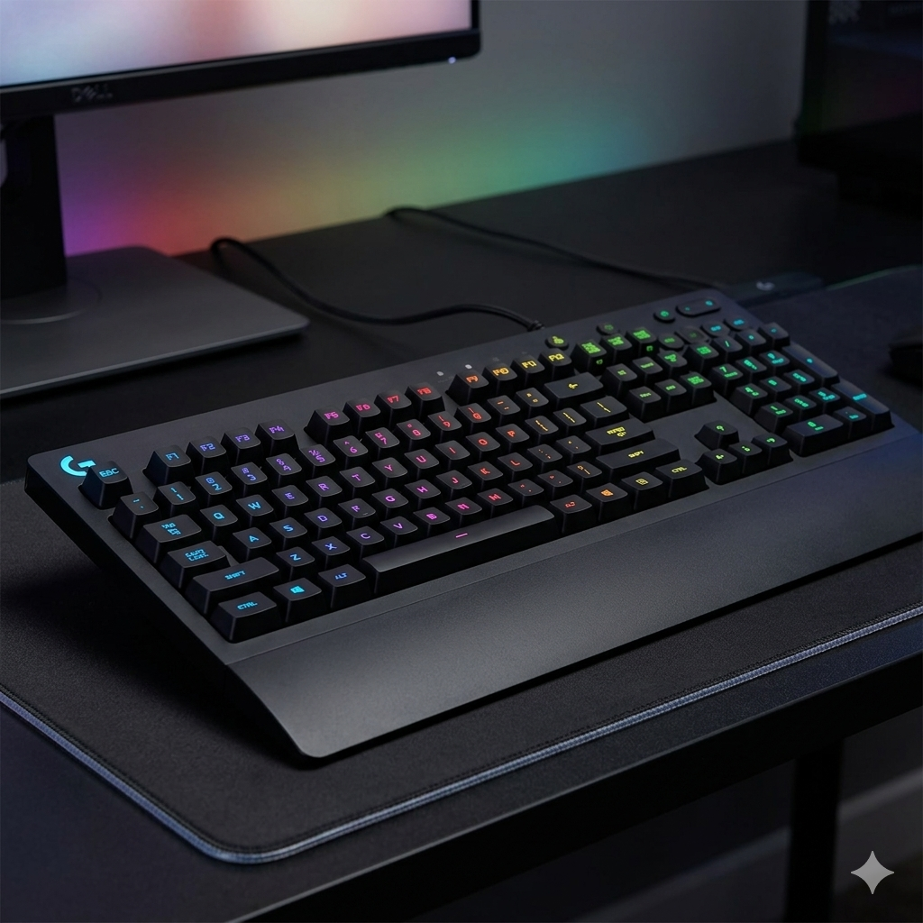 Logitech G213 Prodigy RGB gaming keyboard with zone backlighting on a dark desk mat