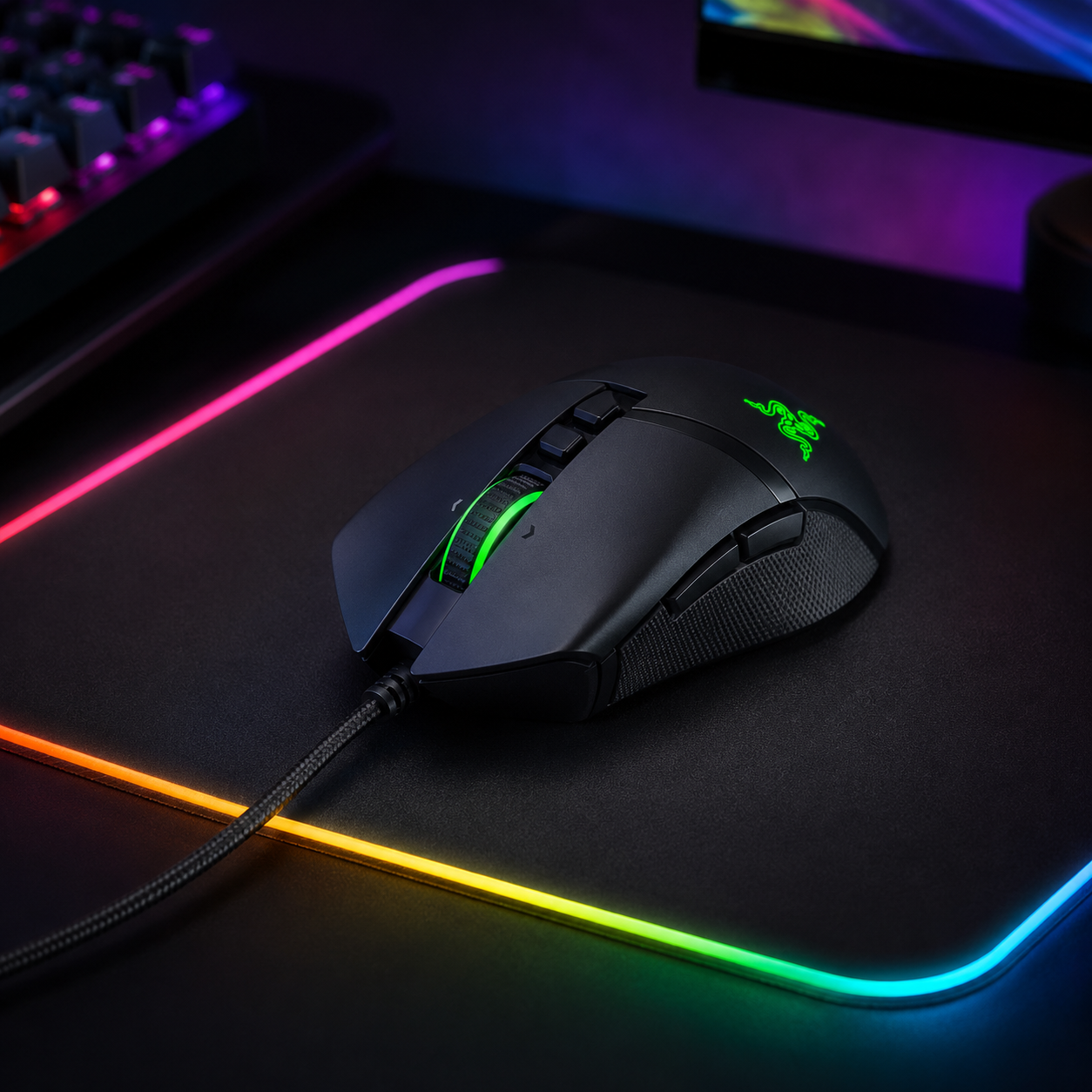 Razer Basilisk V3 customizable ergonomic RGB gaming mouse glowing on a dark mousepad