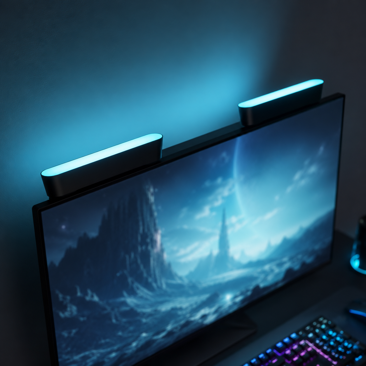 Philips Hue Play light bar base kit casting bias lighting behind a monitor