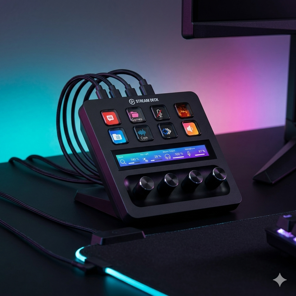 Elgato Stream Deck with customizable LCD keys for triggering lighting scenes on a gaming desk