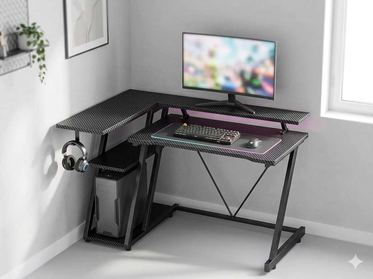 A compact gaming desk fitted into a bright bedroom corner with a single monitor, compact keyboard, and clear surface against a light-gray wall