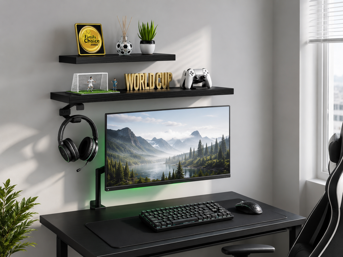 Floating wall shelves mounted above a small gaming desk holding games, a plant, and a controller, freeing the desk surface