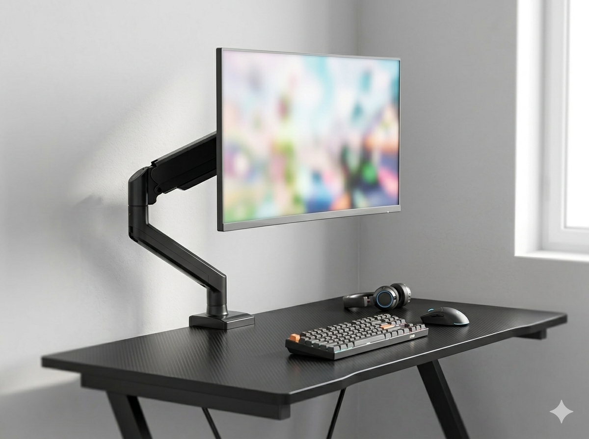 A single monitor on a clamp-on arm floating above a clear compact gaming desk surface