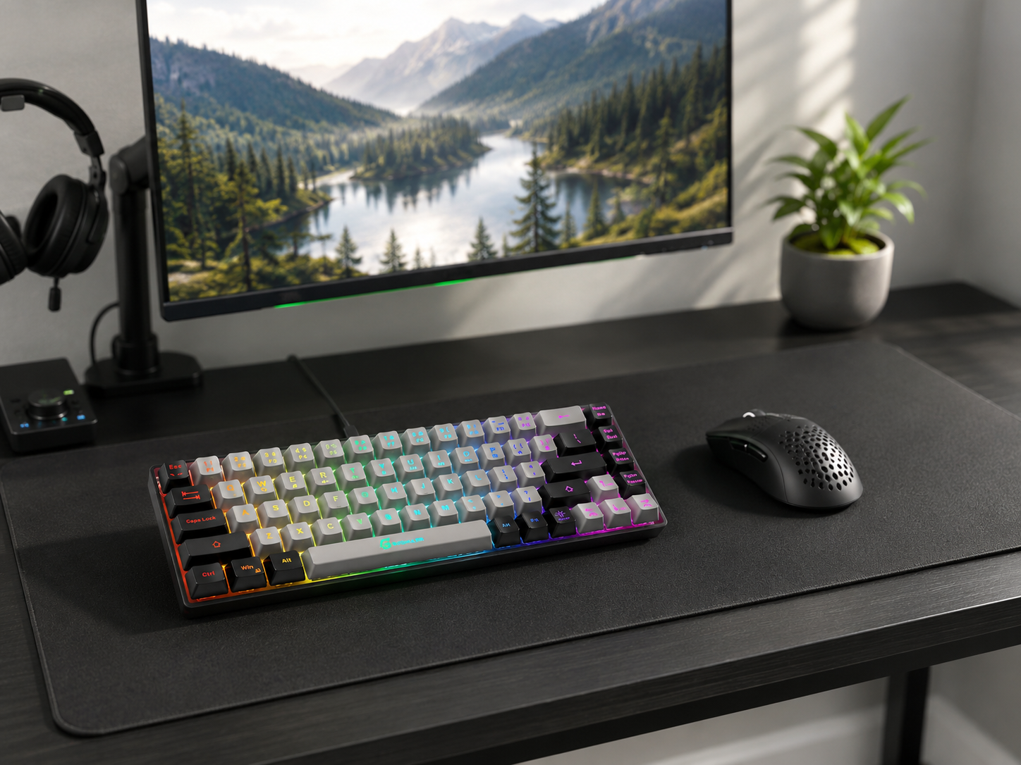 A compact 65 percent mechanical keyboard leaving generous mouse space on a small gaming desk