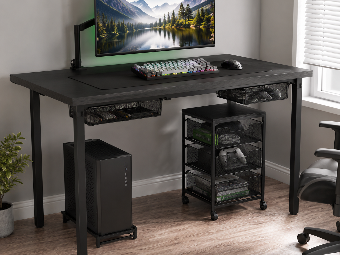An under-desk rolling storage cart and bins keeping a small gaming desk surface clear