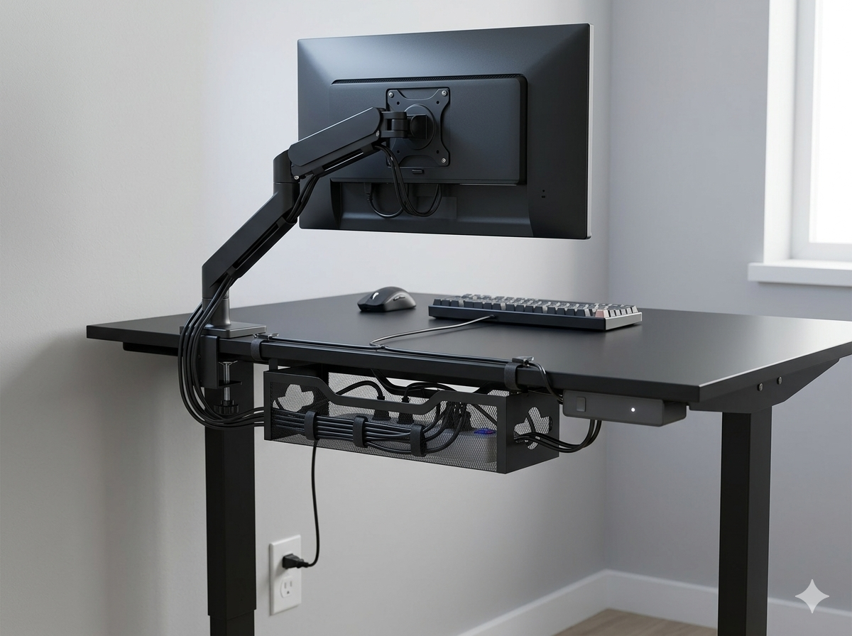 Clean cable management on a small gaming desk with cables routed along the monitor arm and hidden under the desk