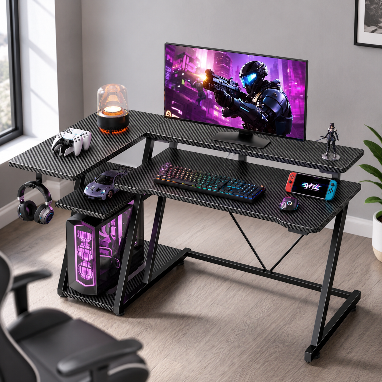 Korfile 40 inch compact gaming desk with storage shelves and a monitor stand