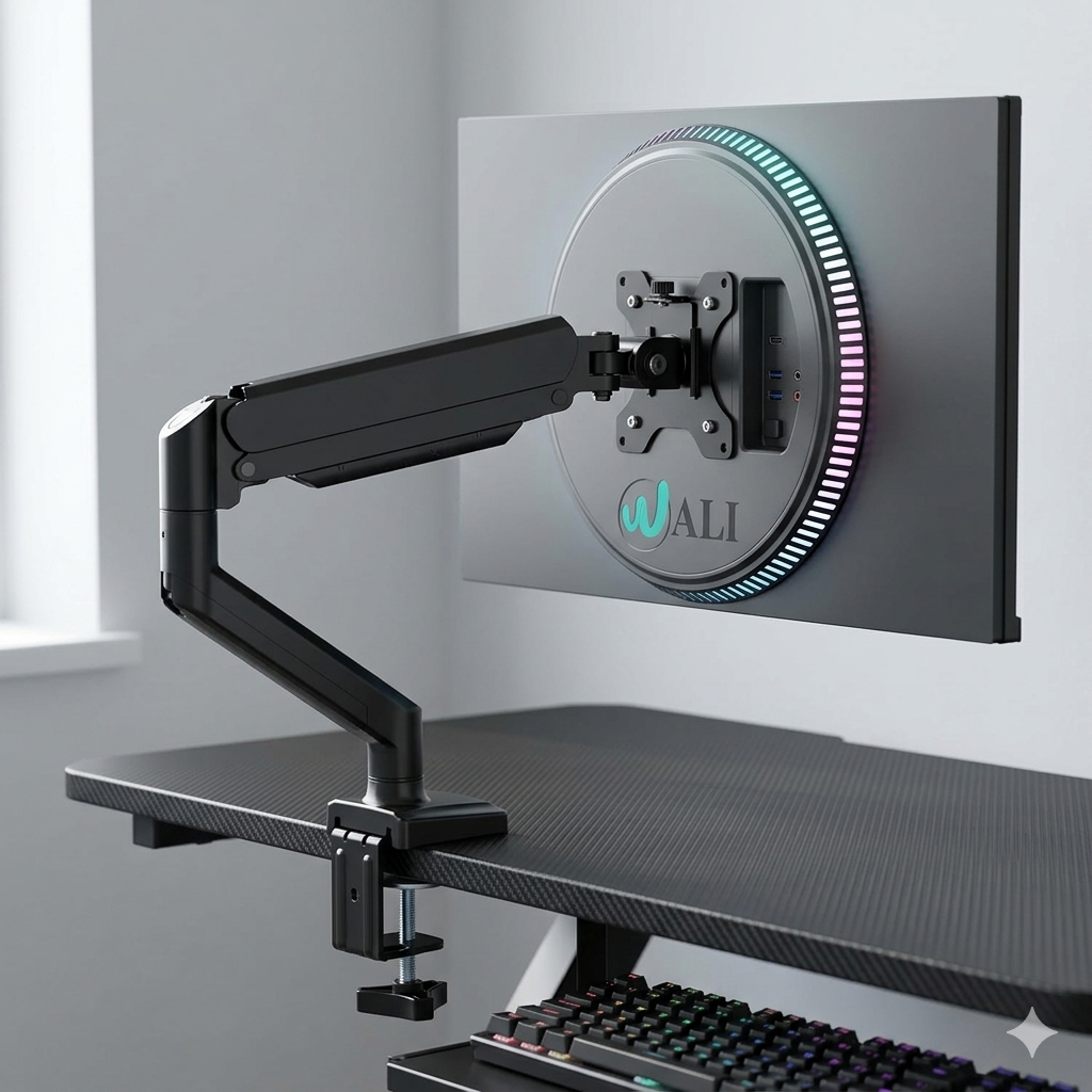 WALI single monitor arm clamped to a desk edge holding a floating monitor