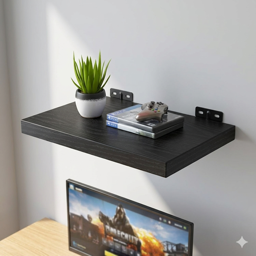 BAYKA floating wall shelves holding games and a small plant above a desk