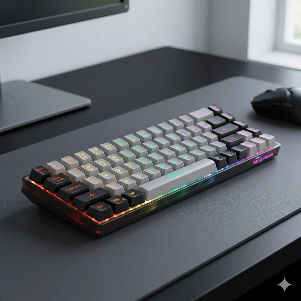 GEODMAER 65 percent compact gaming keyboard on a small desk mat