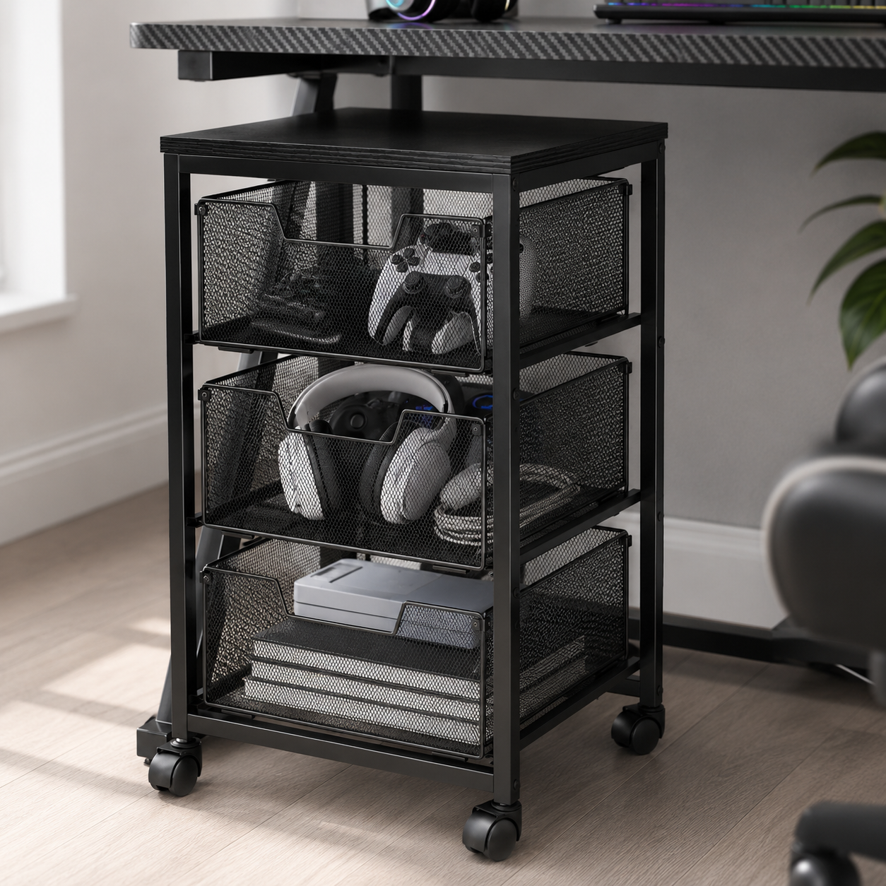 Rolling under-desk storage cart with four drawers and lockable wheels