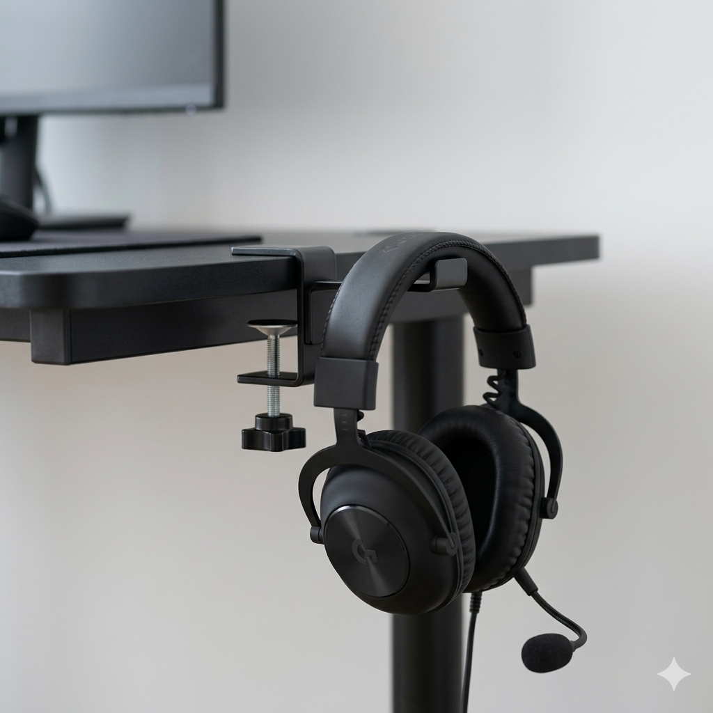 Foldable headphone stand hanger holding a gaming headset to save desk space