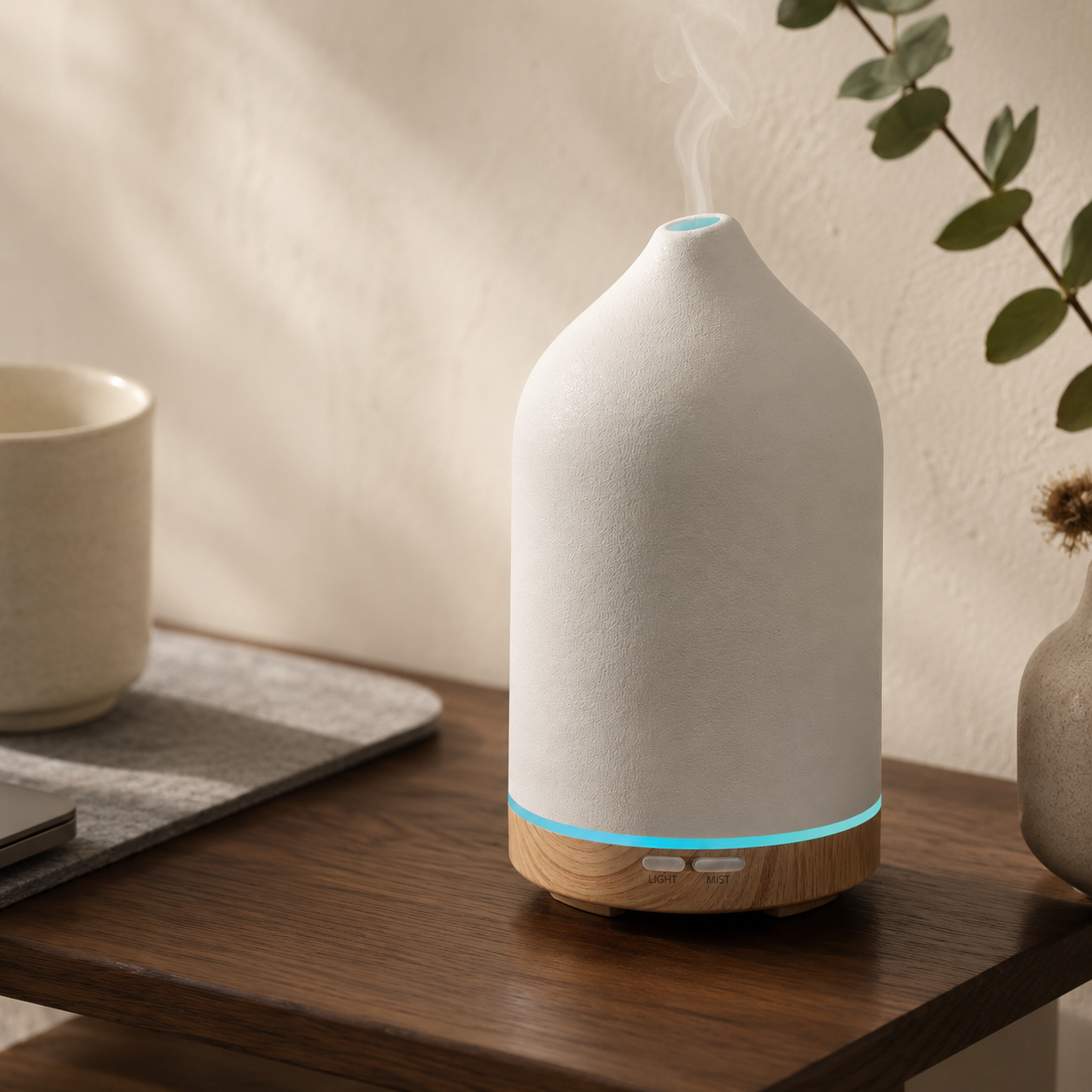 URPOWER 120ml ceramic essential oil diffuser on a walnut desk with a soft mist rising gently from the top
