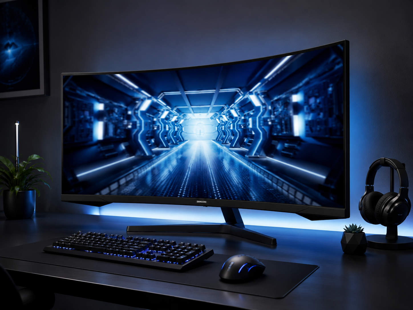 A single large curved ultrawide gaming monitor dominating a clean dark desk as the immersive core of the setup