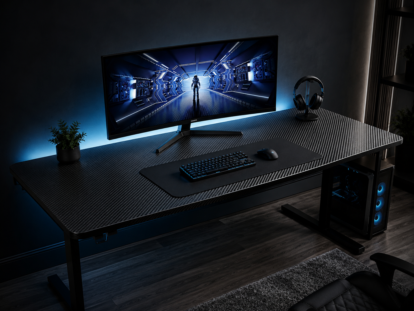 A deep gaming desk with a curved ultrawide pushed back far enough for comfortable viewing distance