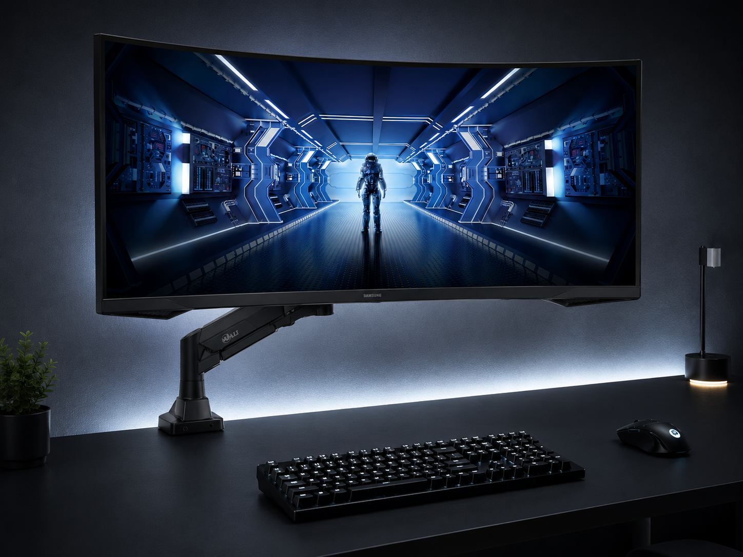 A heavy-duty single monitor arm holding a large curved ultrawide floating above a completely clear desk surface