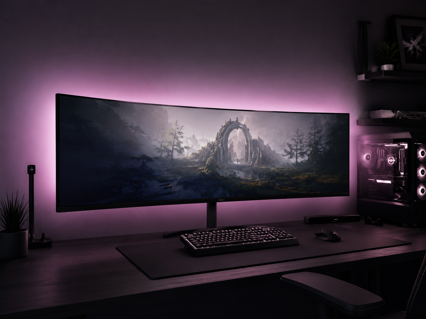 A bias light strip casting a soft even glow across the full width of the wall behind a curved ultrawide monitor