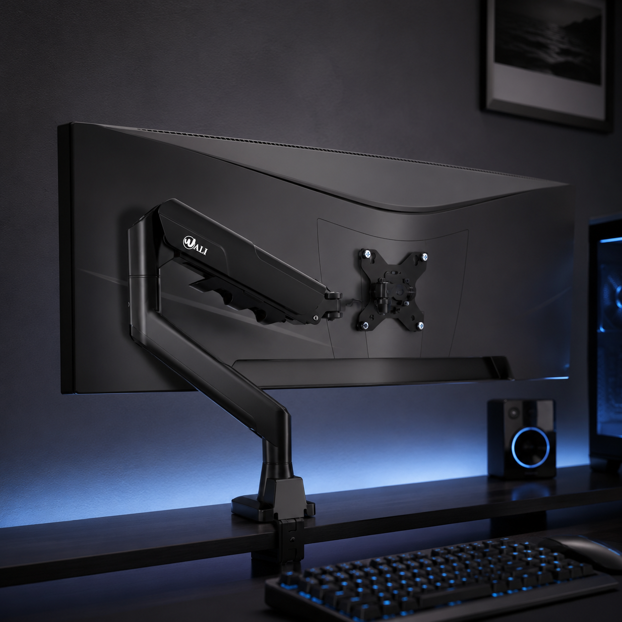 WALI heavy duty single monitor arm rated for 17 to 49 inch ultrawide screens