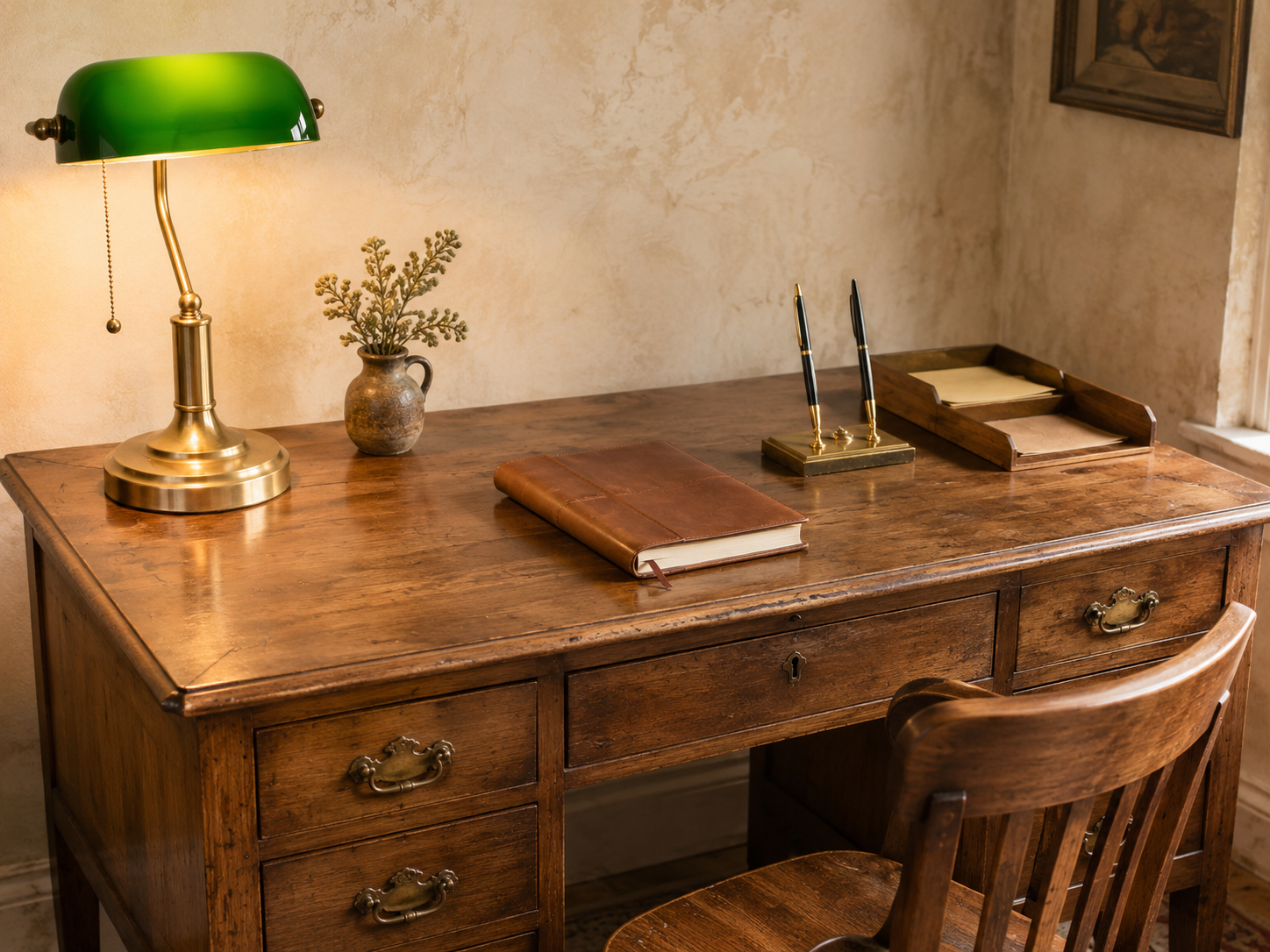 A solid oak vintage writing desk with aged brass drawer pulls, visible wood grain, and a brass banker's lamp casting warm light across the surface