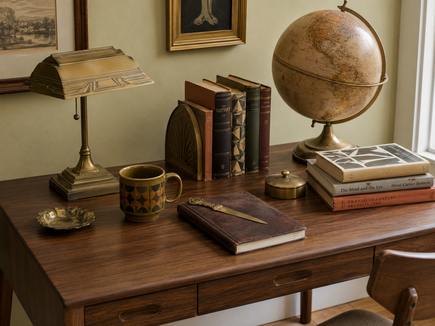 A vintage desk composition mixing pieces from multiple decades — an Art Deco brass lamp, mid-century ceramic mug, Victorian brass letter opener, and a 1980s sepia globe on a walnut desk