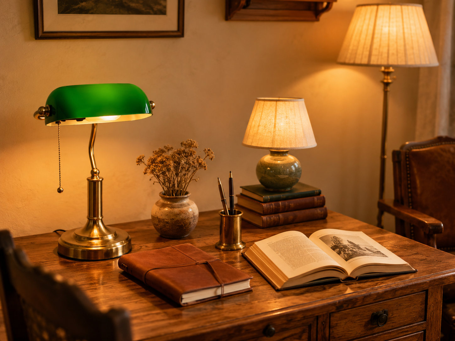 A vintage oak desk with layered warm lighting — a brass banker's lamp, ceramic mid-century lamp, and floor lamp creating golden-hour warmth