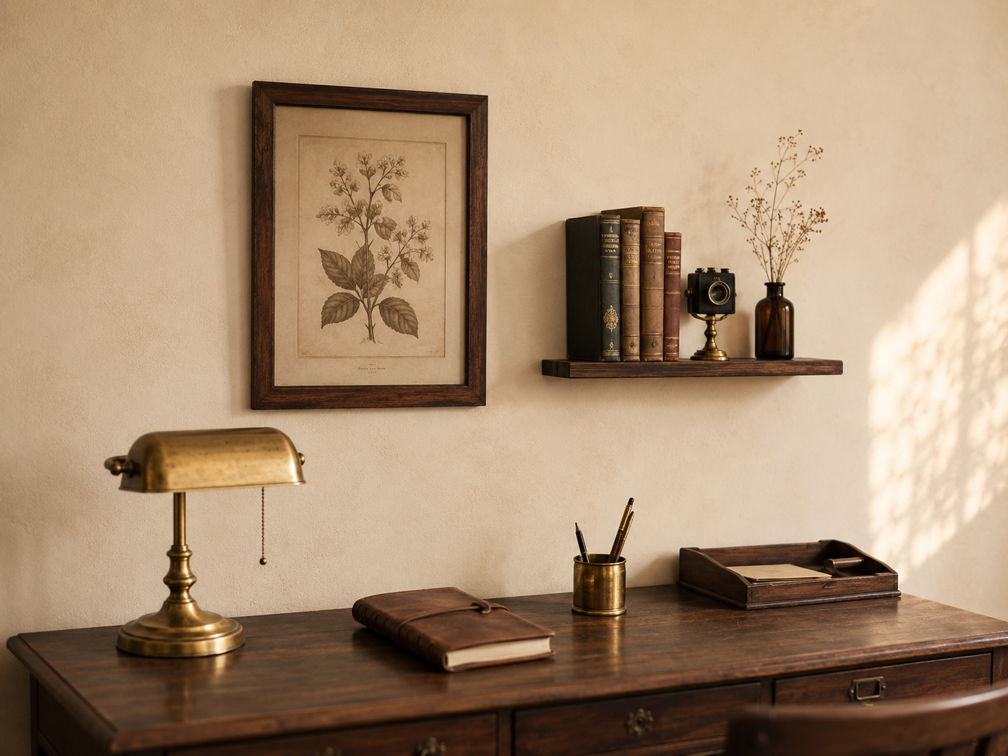 A wall composition above a vintage desk featuring a framed sepia botanical print, a walnut floating shelf with old hardcover books, a vintage camera, and dried botanicals