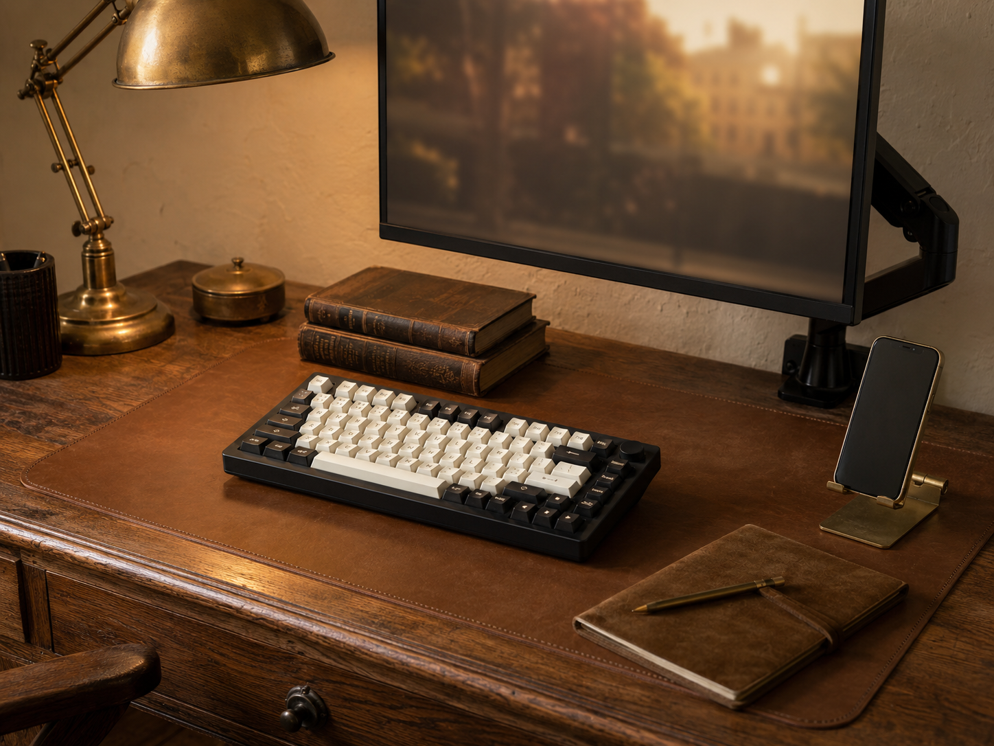 A vintage oak desk with a modern monitor on a dark monitor arm, AKKO retro mechanical keyboard, and brass-finish phone stand visually integrated with vintage objects