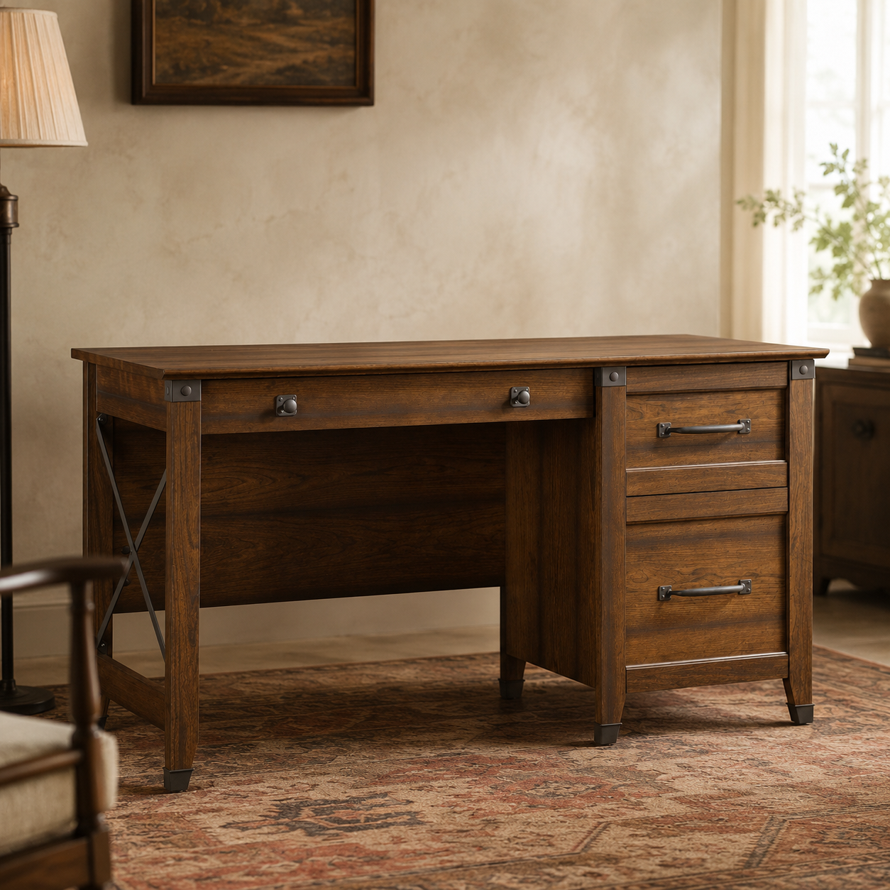 Sauder Carson Forge vintage rustic computer desk in coffee oak finish with drawer storage and traditional styling