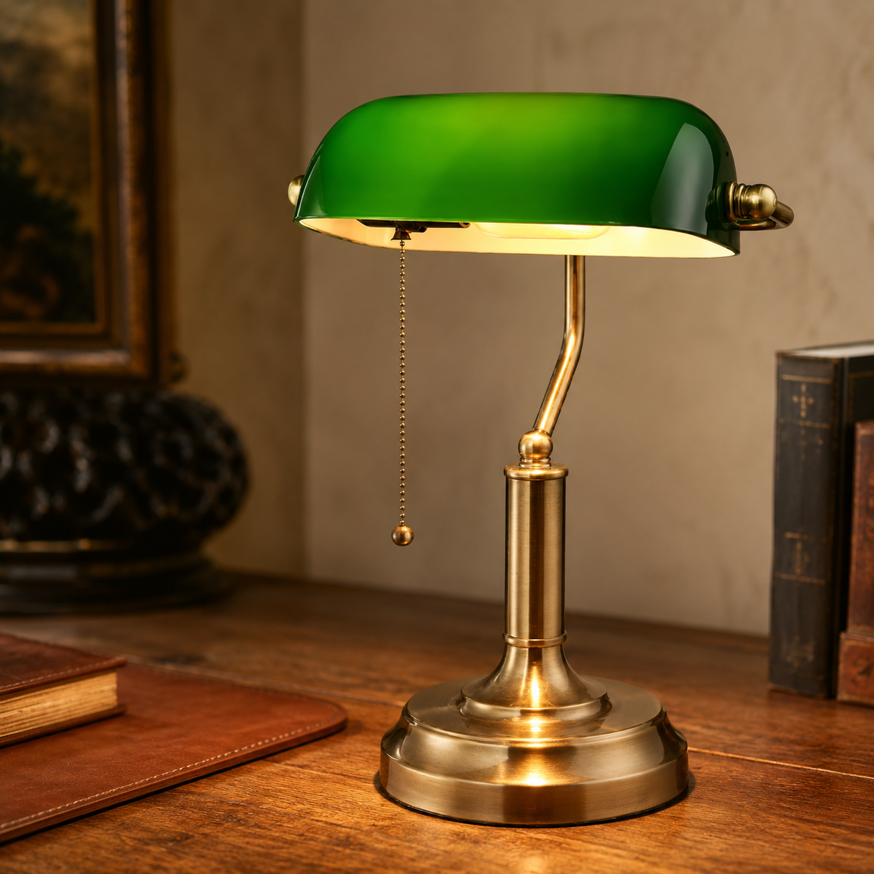 TORCHSTAR green glass banker's desk lamp with antique brass body and pull-chain switch on a vintage oak desk