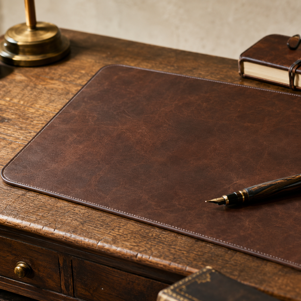 Londo top grain leather extended mouse pad in cognac with stitched edges on a vintage oak desk